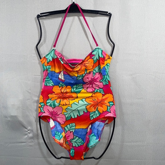 Harbour Casuals Vintage Sailboat/ hibiscus colorful Swimsuit. Size 12/34 - Picture 1 of 14